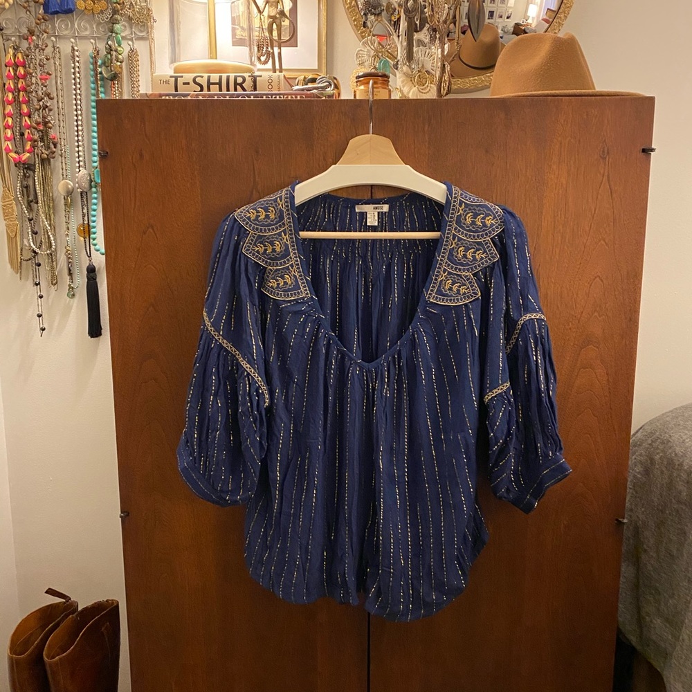 Navy & Gold embroidered V-Neck Blouse